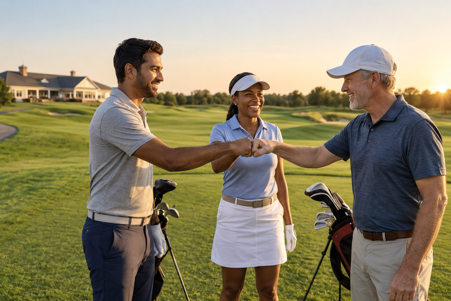Three golfers greeting each other with a fist bump on the course at sunset